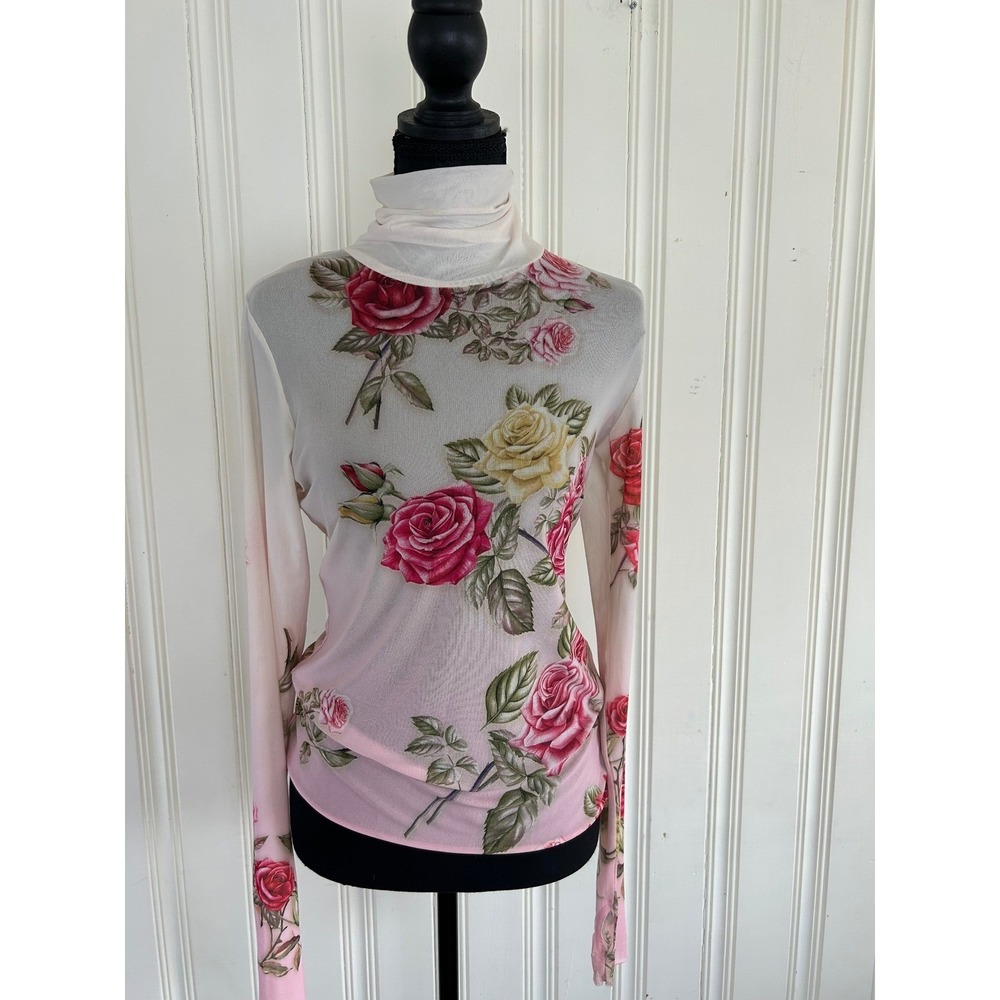 AFRM Zadie Mesh Sheer Turtleneck Top Pink Floral Rose Long Sleeve Romantic Fairy - Picture 2 of 9
